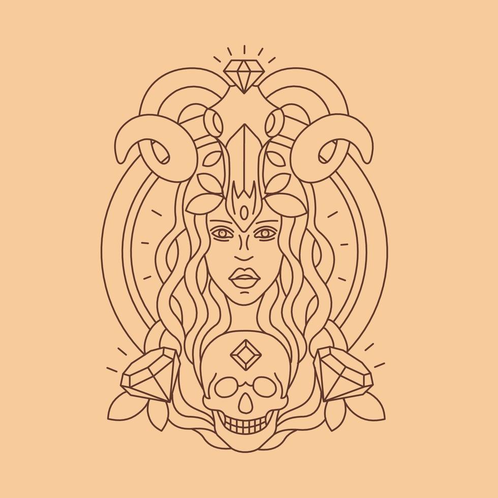 Linear tattoo. Girl face and skull. Line illustration vector