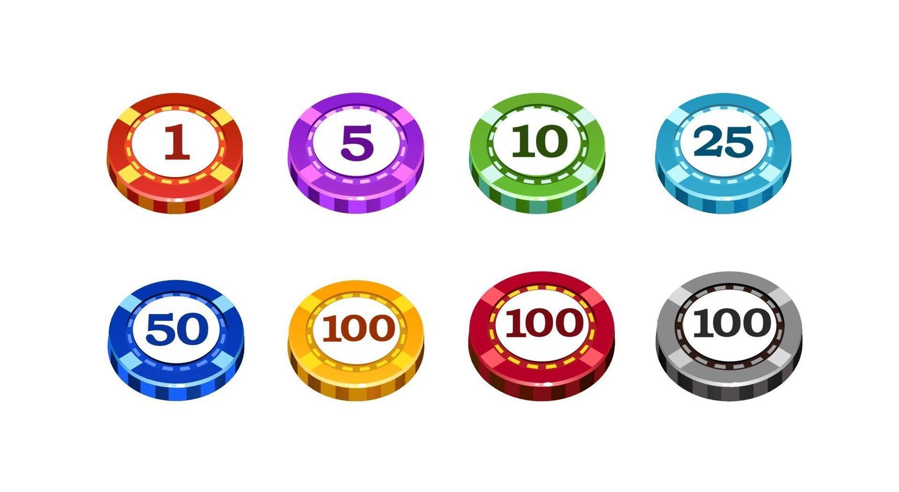 Casino chips of different colors and different denominations. Isolated. Vector illustration