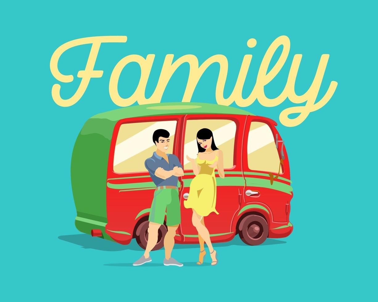 Young married couple on a background of a red car. A family. Vector illustration