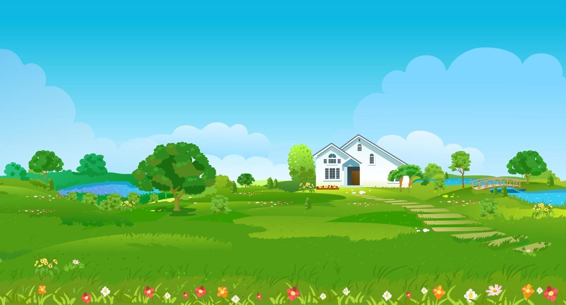 claro de verano con una casa blanca, estanques, árboles verdes y flores. paisaje campestre de verano. ilustración vectorial vector