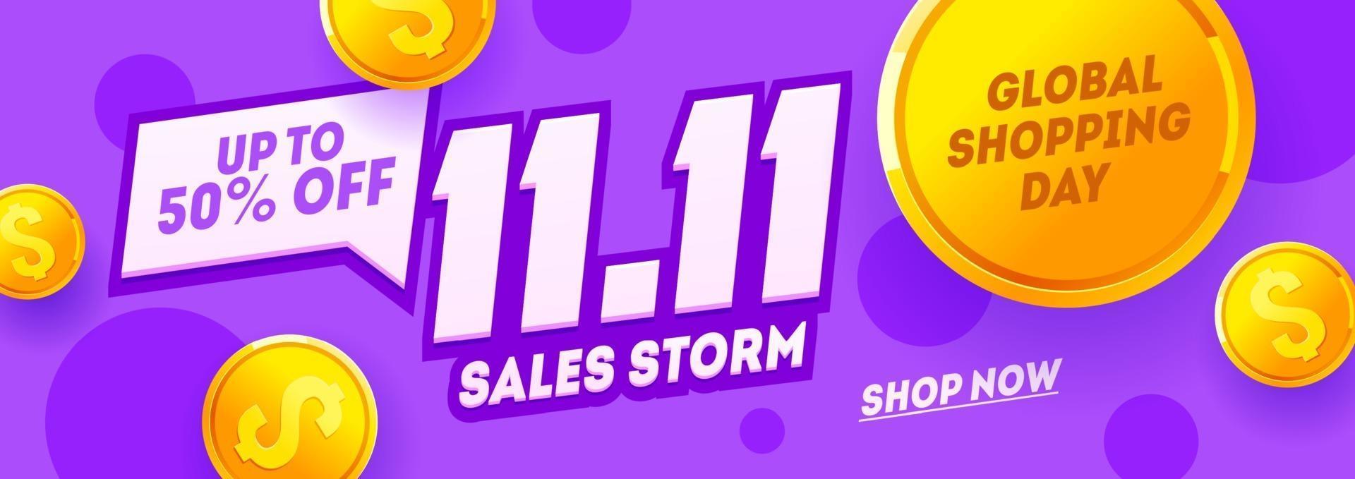 11.11 Shopping Day Purple Banner, Global Shopping World Day. Singles day sale flyer vector