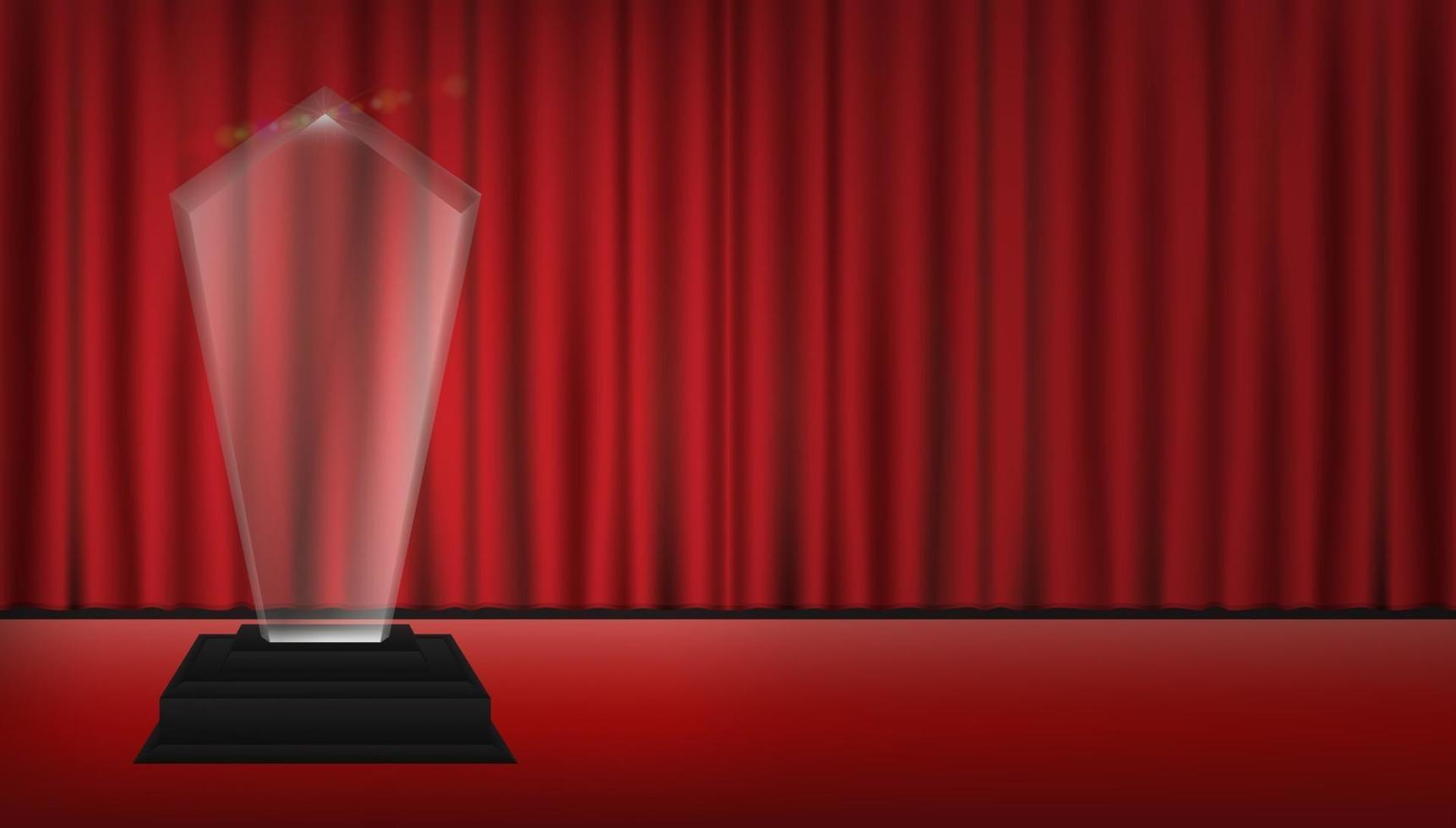 Trofeo de acrílico transparente 3d real con fondo de escenario de cortina roja vector