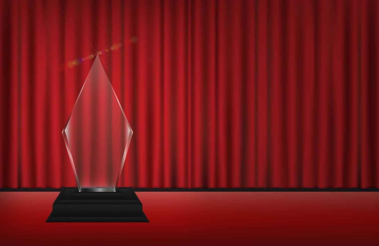 real 3d transparent acrylic trophy with red curtain stage background vector