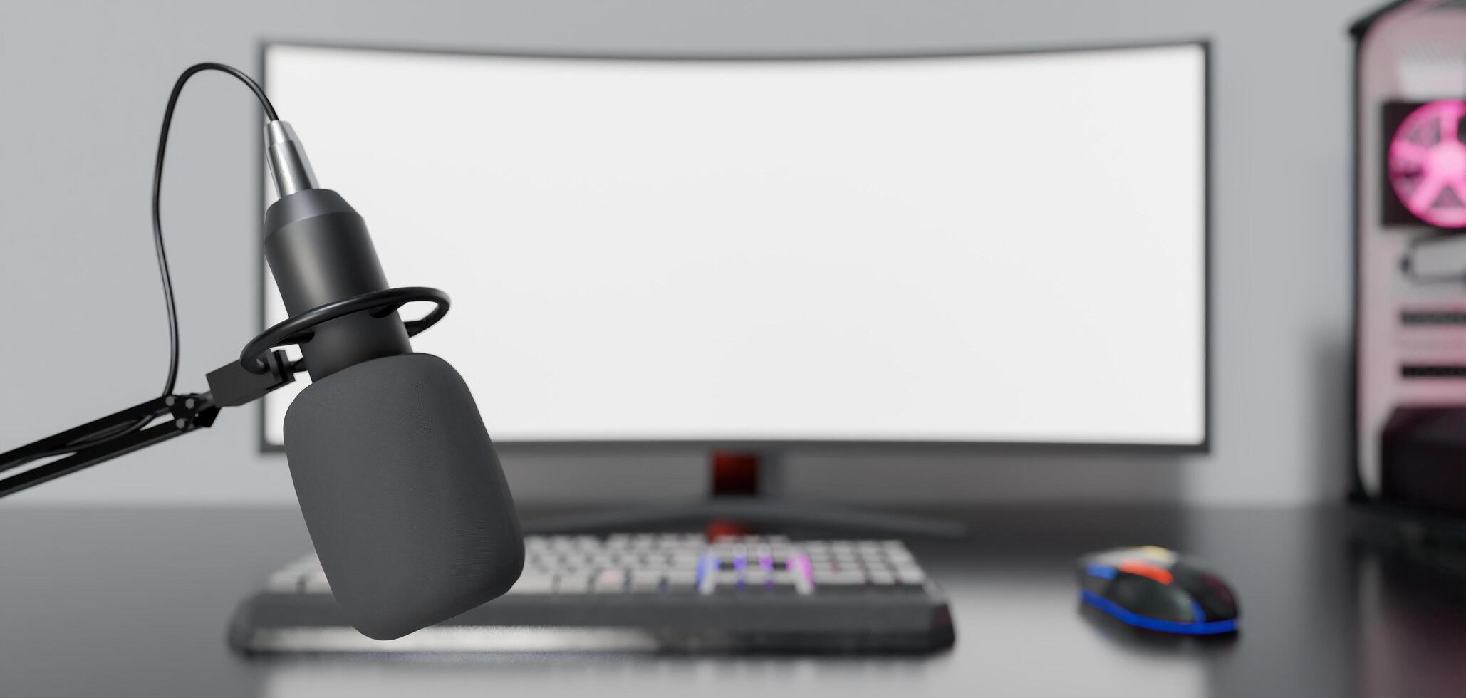 Close-up of studio microphone with desk and gaming computer out of focus behind, 3d rendering photo