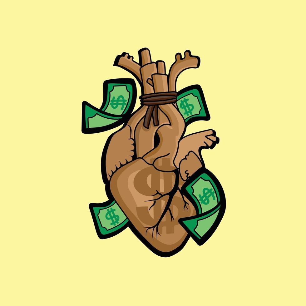 heart in a money bag shape vector illustration