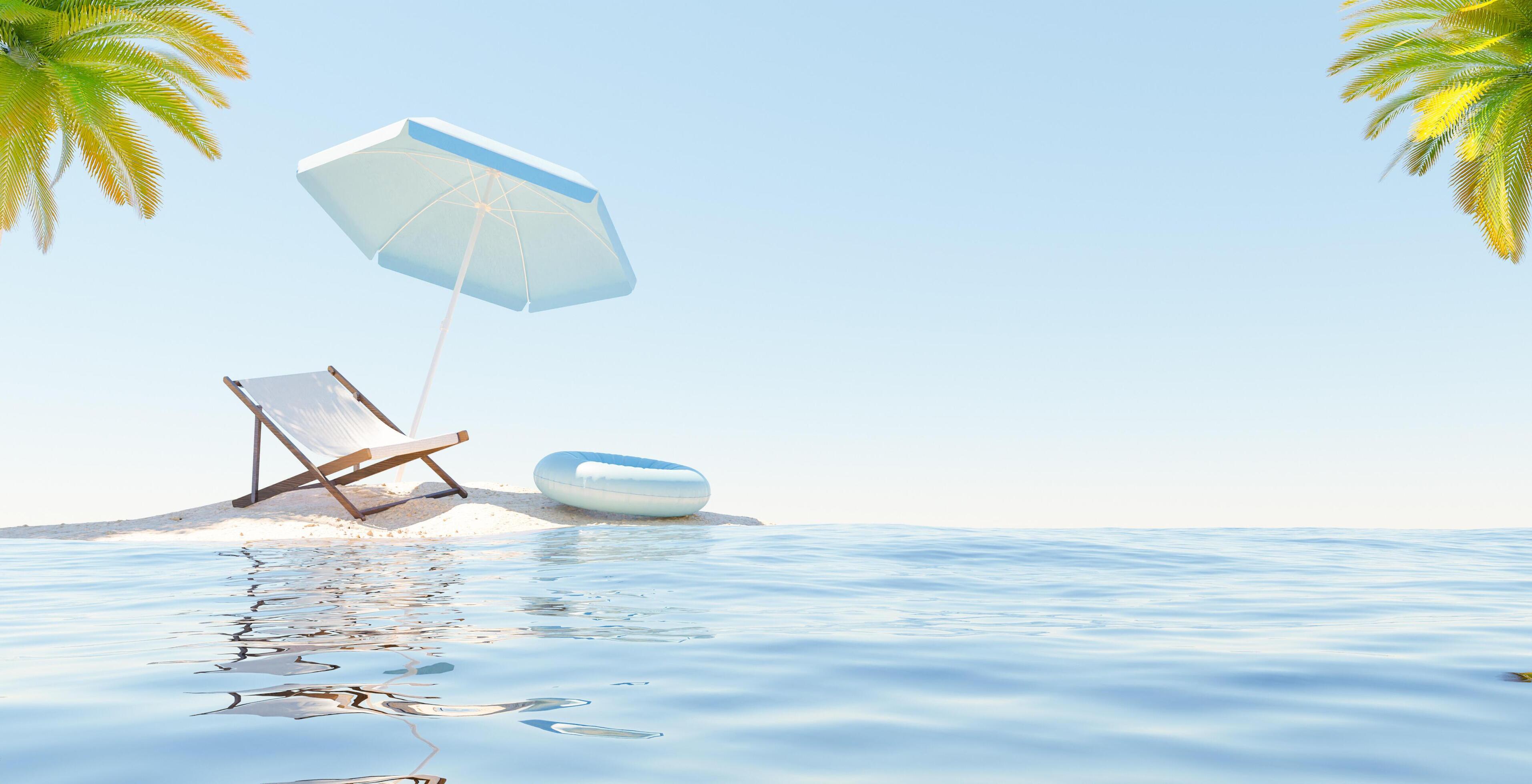Small island with hammock, umbrella and float, 3d rendering 2262132