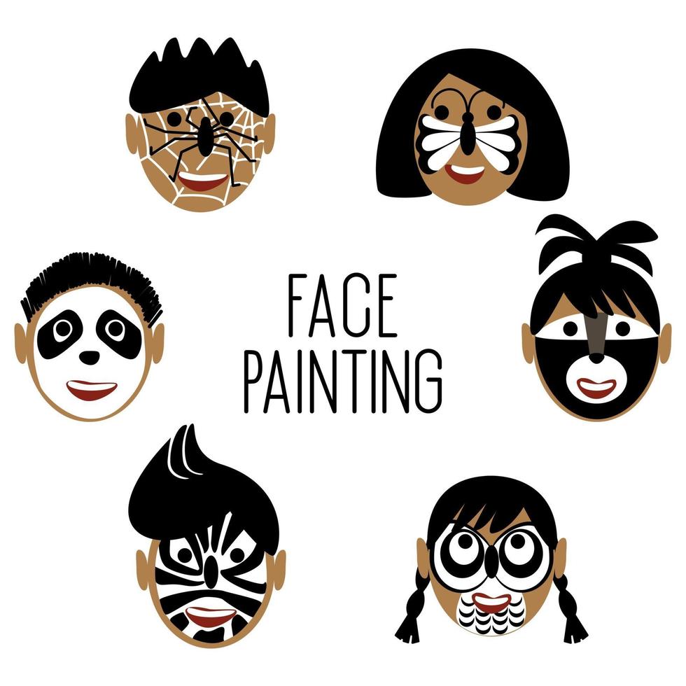 Faces of children in black and white face paint characters vector