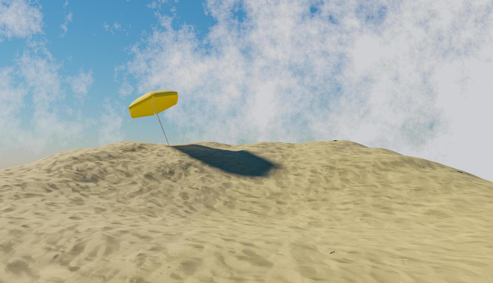 Paraguas amarillo sobre una montaña de arena de playa y un cielo con nubes, ilustración 3d foto