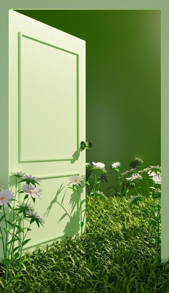 Plano cerrado de una puerta verde abierta con vegetación y flores en el suelo, ilustración 3d foto