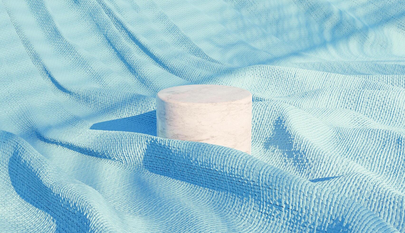 Marble cylindrical product podium on blue wrinkled fabric with shadows of a shutter, 3d render photo