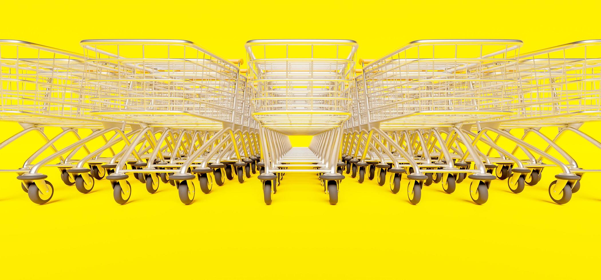 Close-up de fila de carros de compras apilados sobre fondo amarillo, 3D Render foto