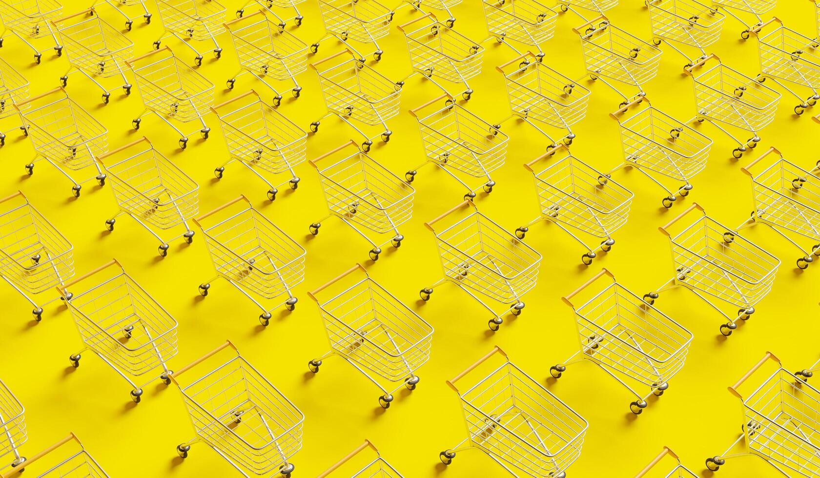 Patrón de carritos de compras sobre fondo amarillo, 3D Render foto