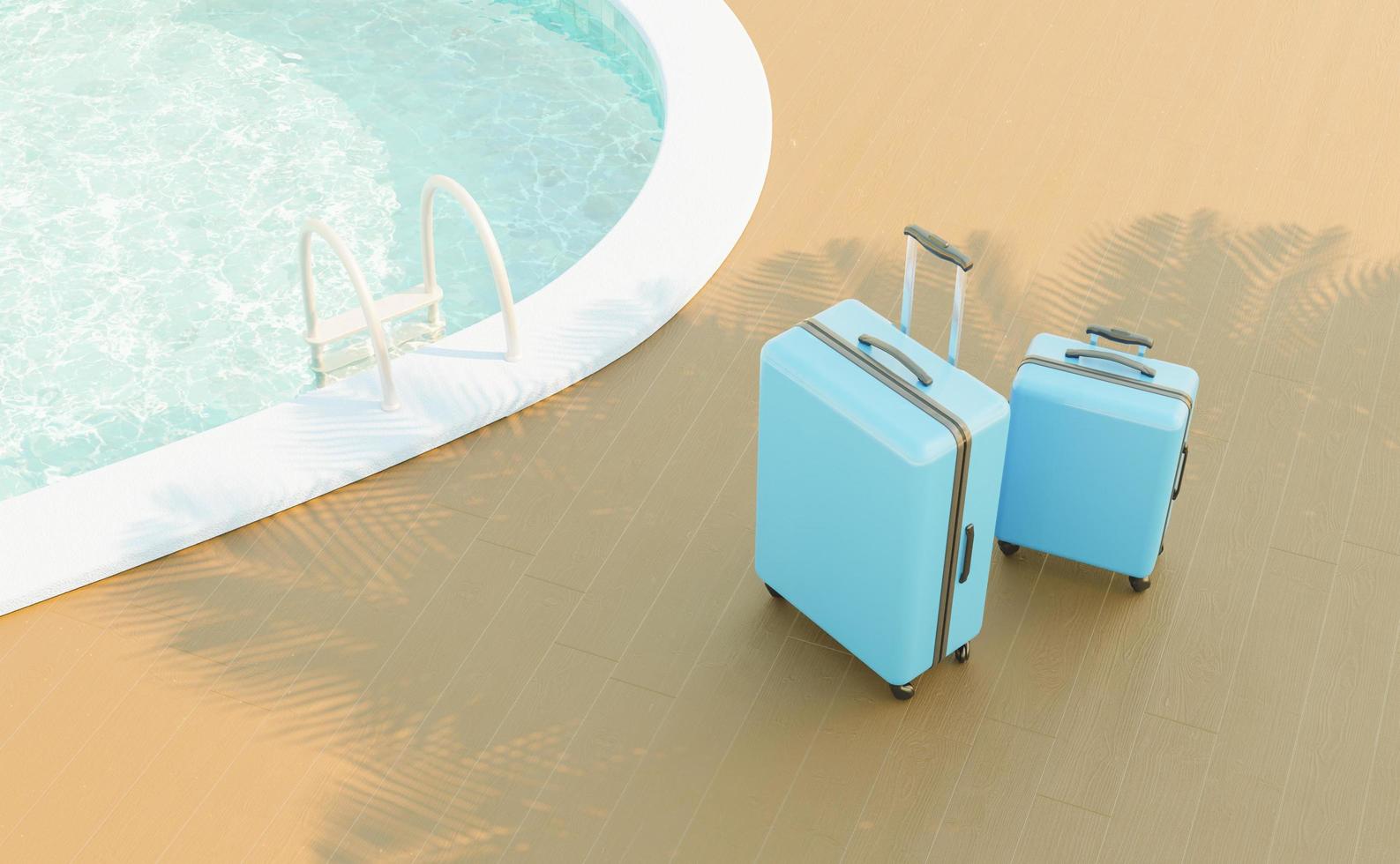 Two blue suitcases next to the edge of a swimming pool with its stairs and a palm tree shadow, 3d render photo