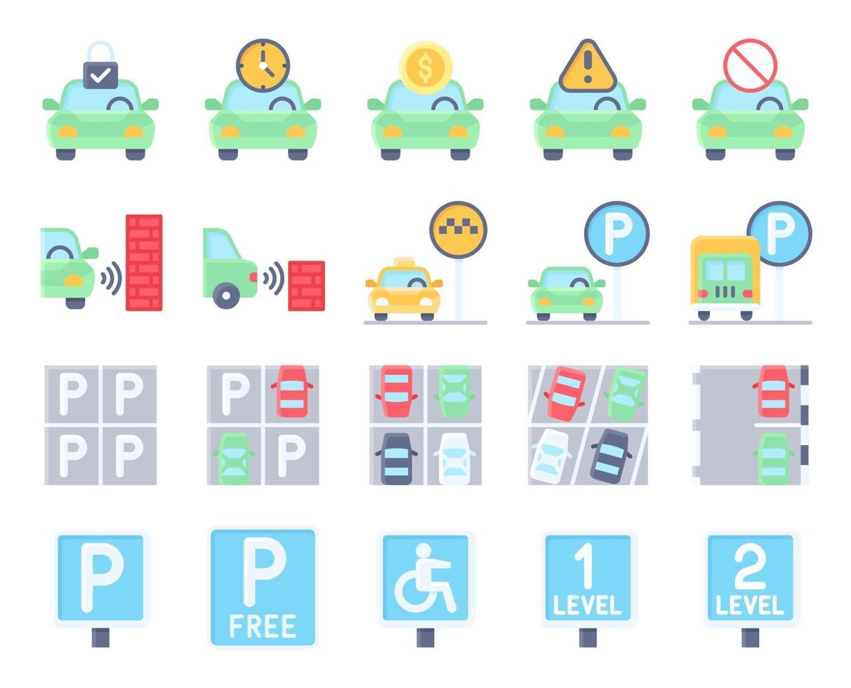 Parking lot related flat icon set, vector illustration