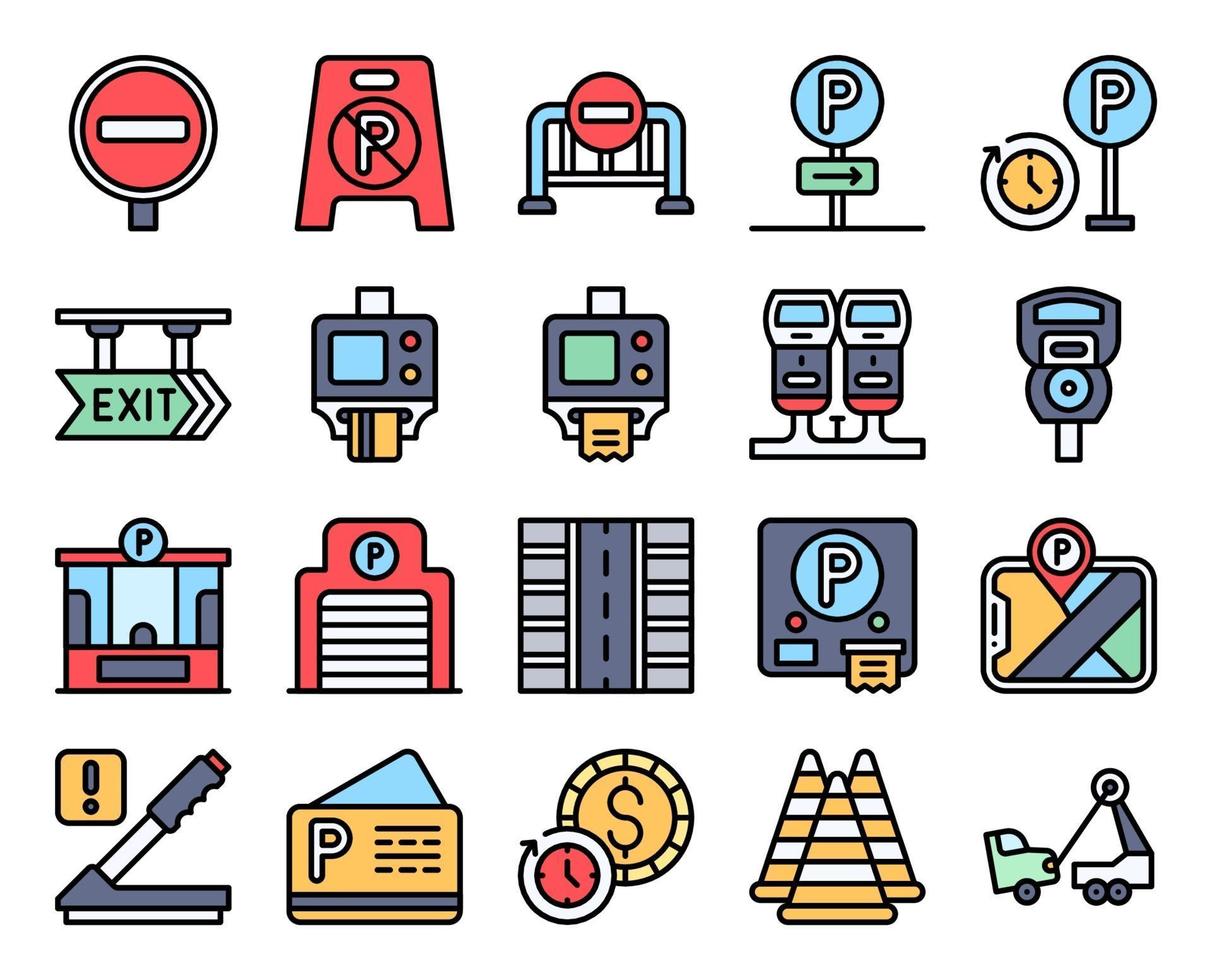 Estacionamiento relacionado con el conjunto de iconos llenos 3, ilustración vectorial vector