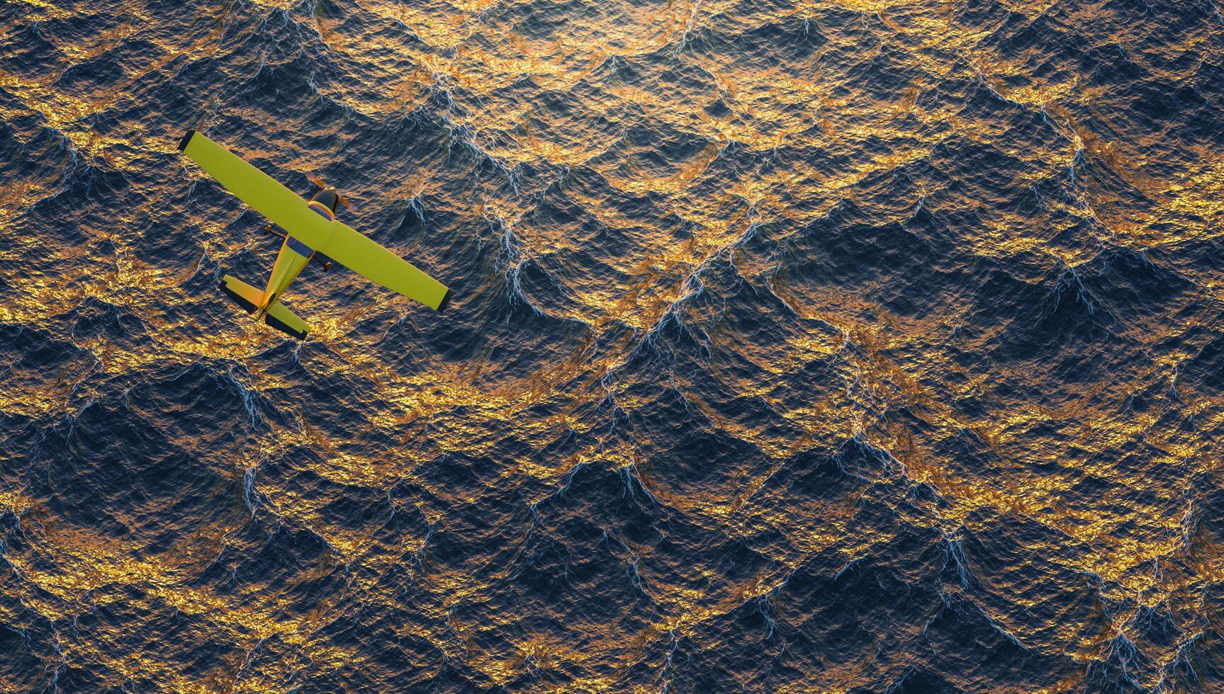 Avión amarillo volando sobre el océano en una intensa puesta de sol, render 3d foto