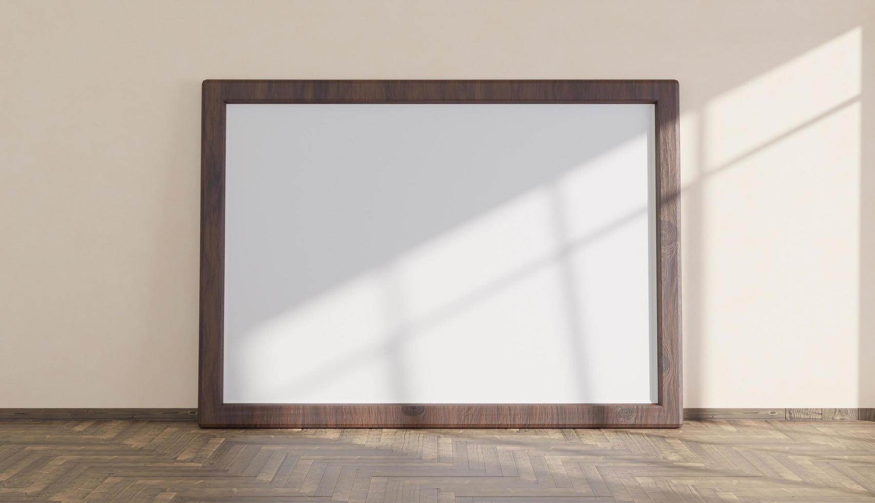 Mockup with large wooden frame on parquet floor illuminated by the light coming through the window, 3d render photo
