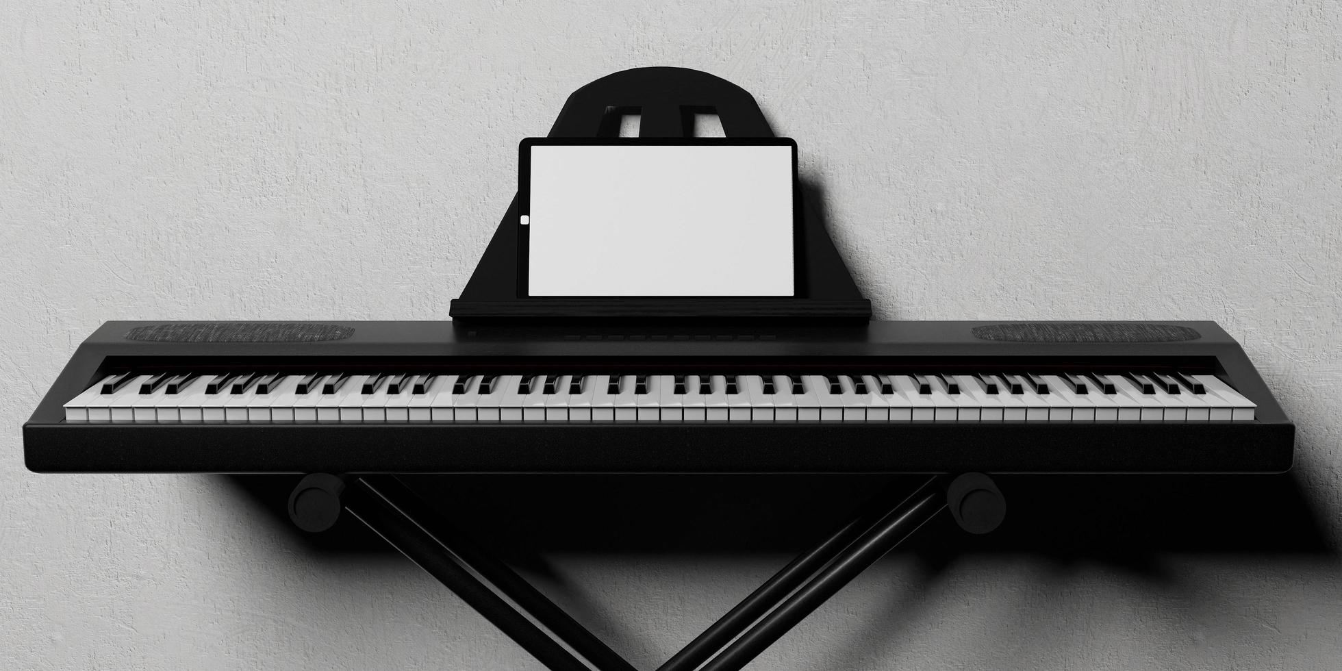 Piano electrónico sobre un soporte de metal con una tableta en blanco, 3D Render foto