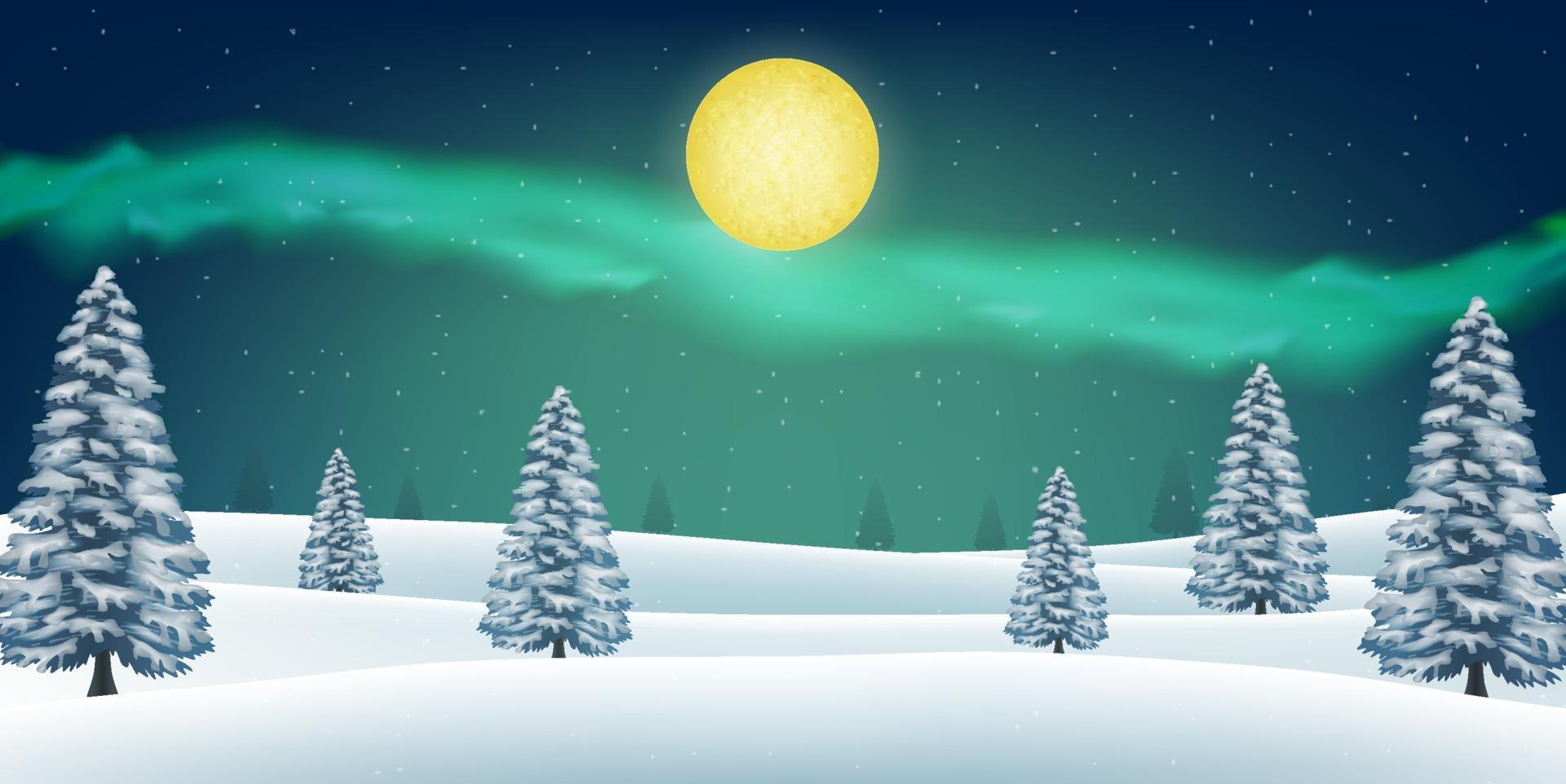 night winter snow forest hill with aurora in sky vector