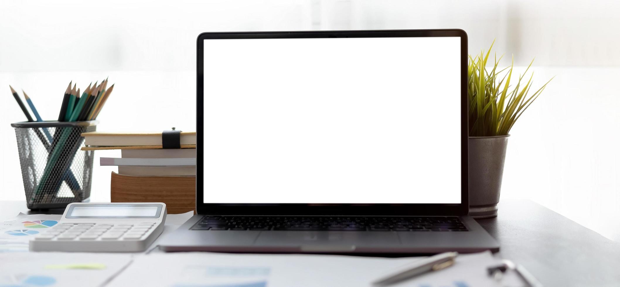 Laptop on a desk with a plant mock-up photo