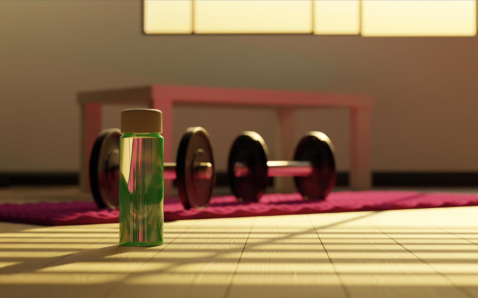 Green water bottle in living room with dumbbells and home exercise mat, 3d render photo