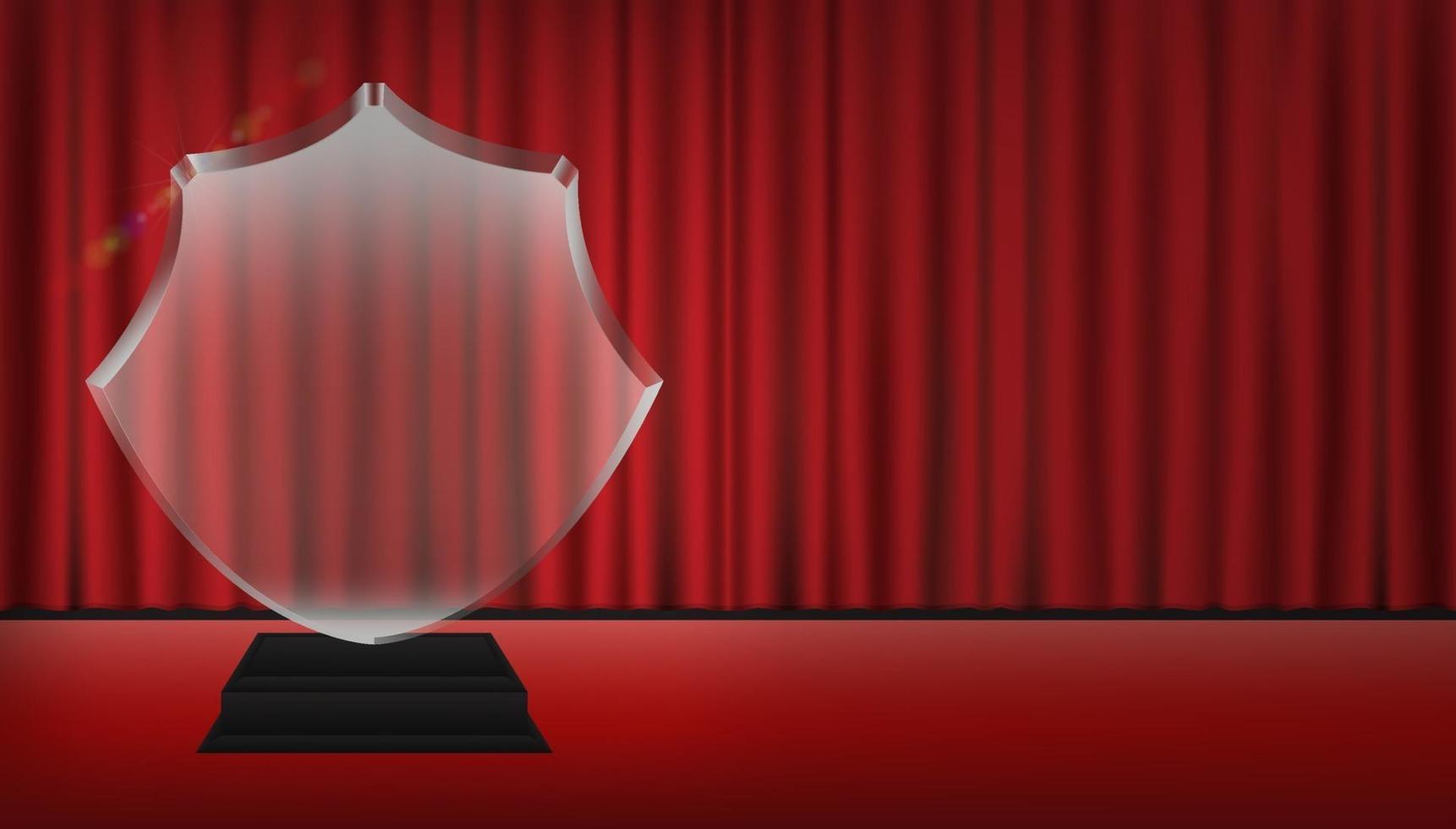 real 3d transparent acrylic trophy with red curtain stage background vector