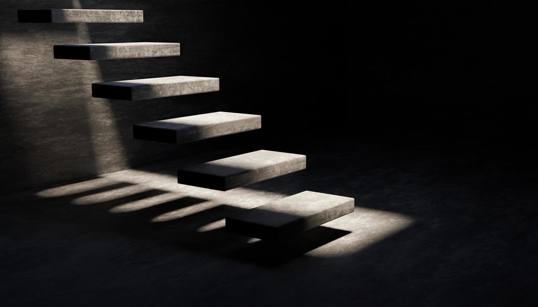 Escaleras flotantes de cemento gris en una habitación oscura con luz que entra desde arriba, representación 3d foto