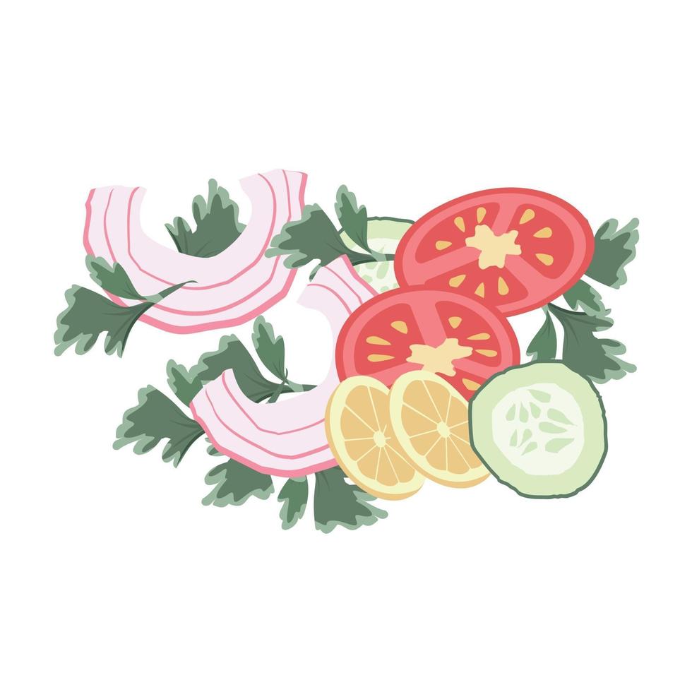 conjunto de cebollas, tomates y limones cortados vector