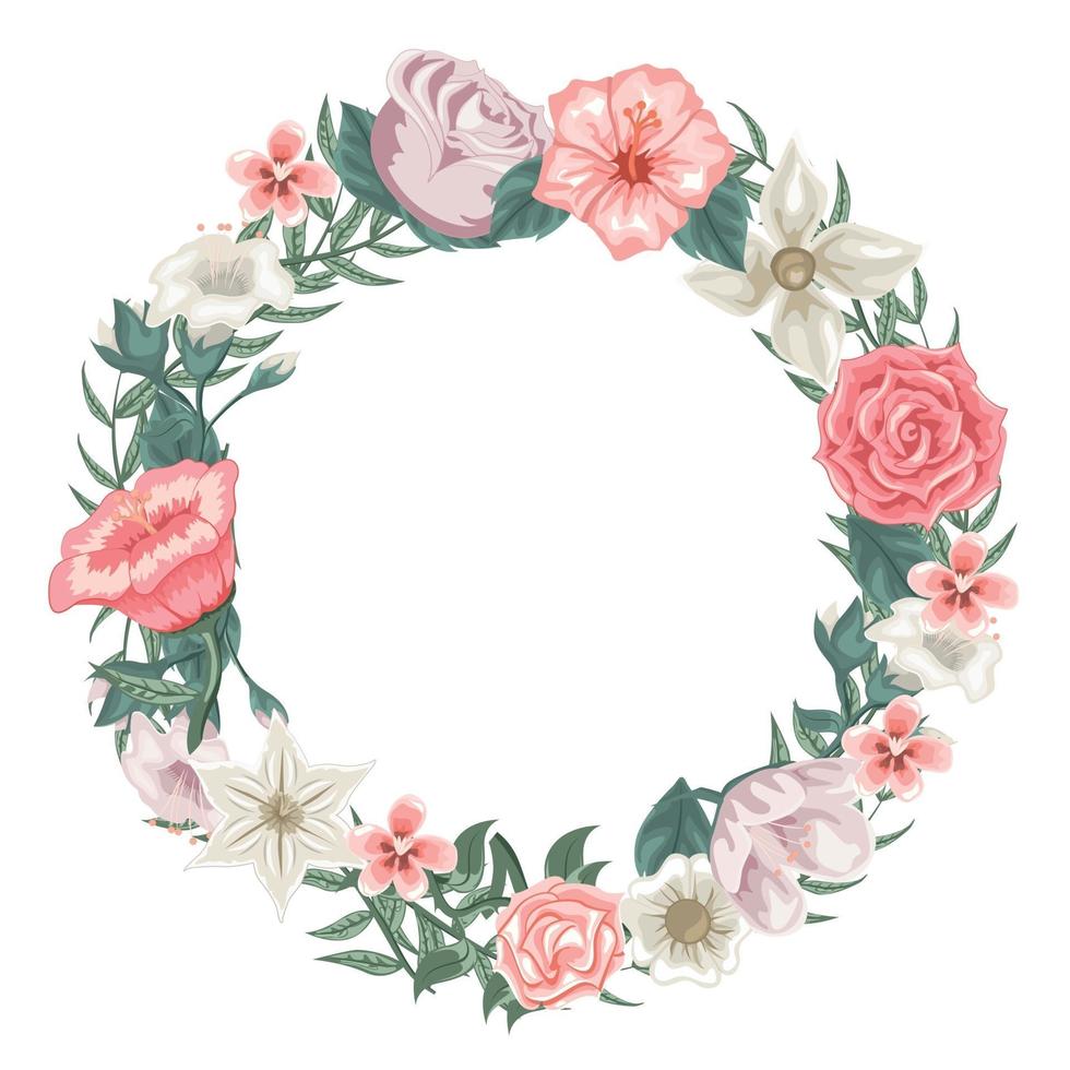 Wreath of roses, tulips and different flowers vector