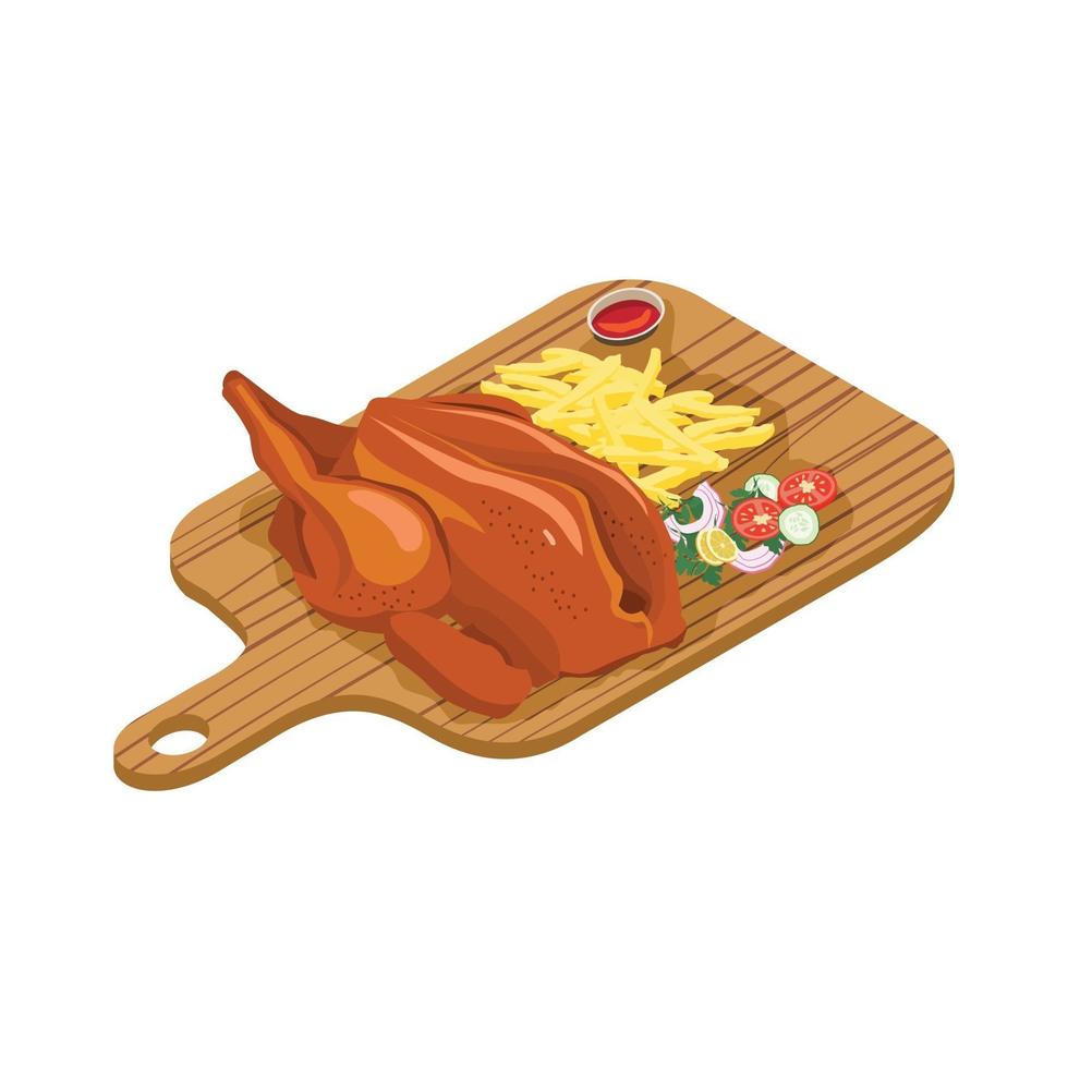 delicioso pollo a la parrilla con papas fritas y ensalada con cebolla, pepino, tomate y chile. ilustración vectorial vector