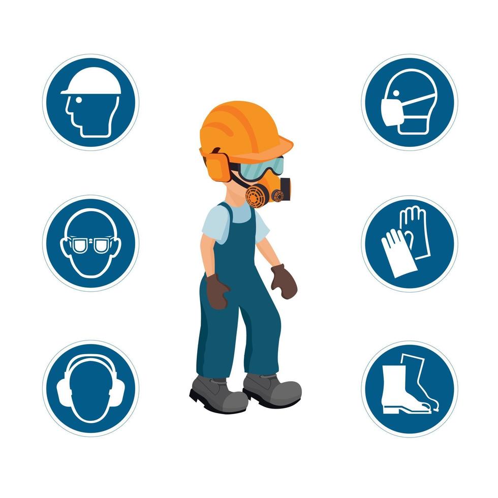 Worker with his personal protective equipment and security icons. vector