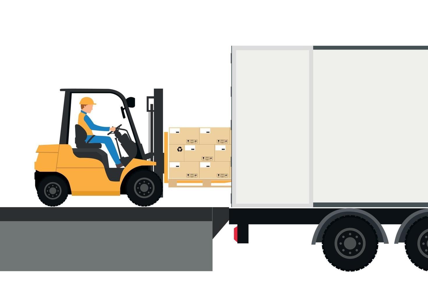 Forklift with man driving in container for export vector