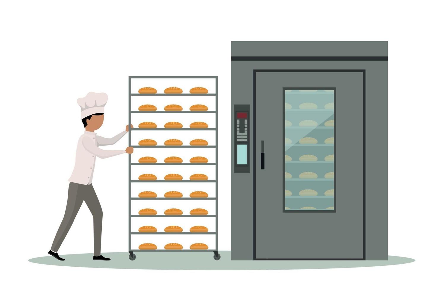 Baker carrying rack full of bread to an industrial oven. vector