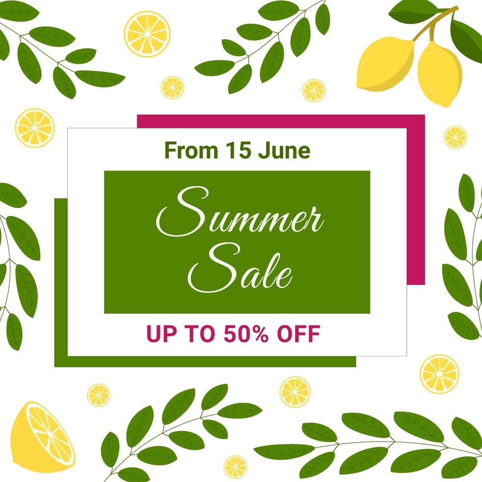 Banner de venta de verano con limones y hojas. diseño de frutas. perfecto para pancartas, volantes, invitaciones, carteles, sitios web o tarjetas de felicitación. vector