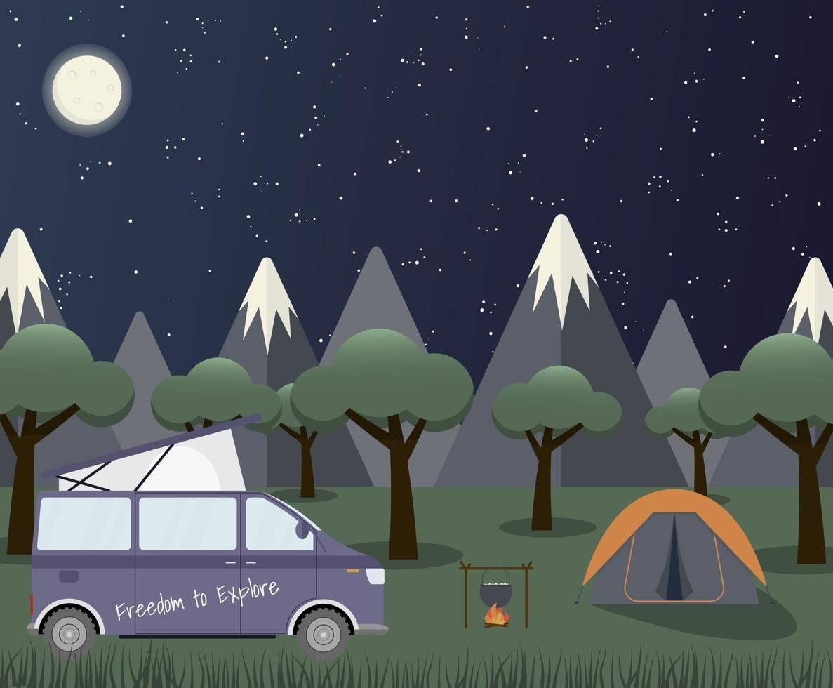 caravana en un bosque por la noche. vacaciones de verano locales. Ilustración de vector de concepto.