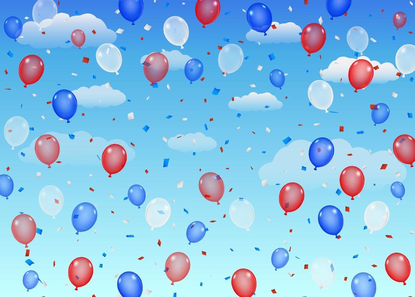Grupo de globos de helio blanco azul rojo en un cielo vector