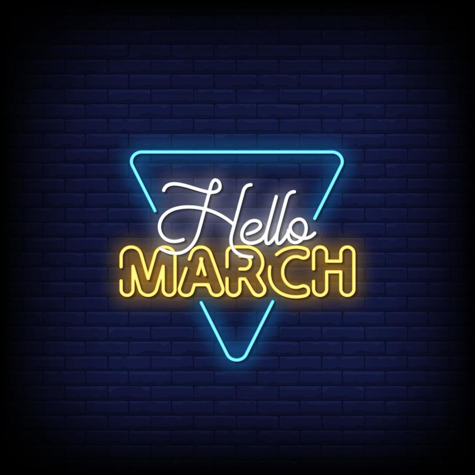 hola marzo letreros de neón estilo texto vector