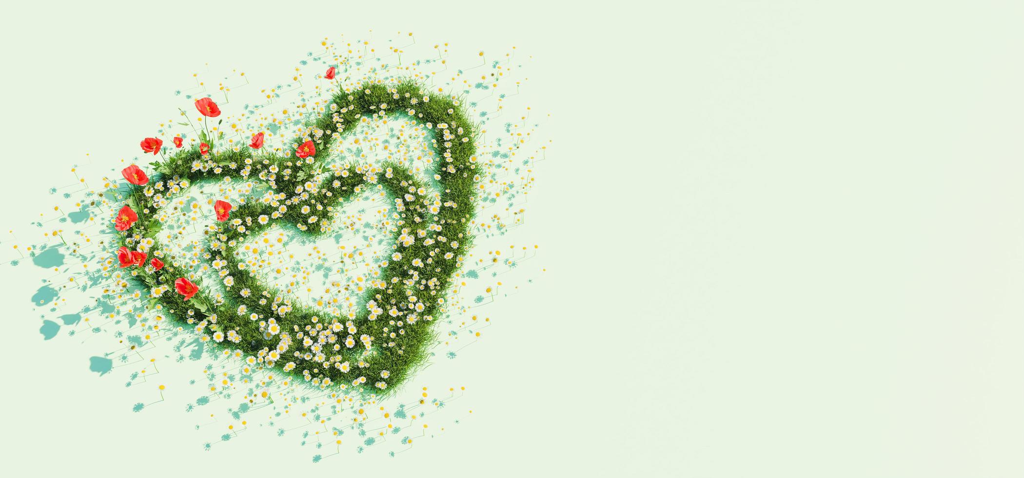 Banner de un corazón de flores de primavera con fondo verde, representación 3d foto