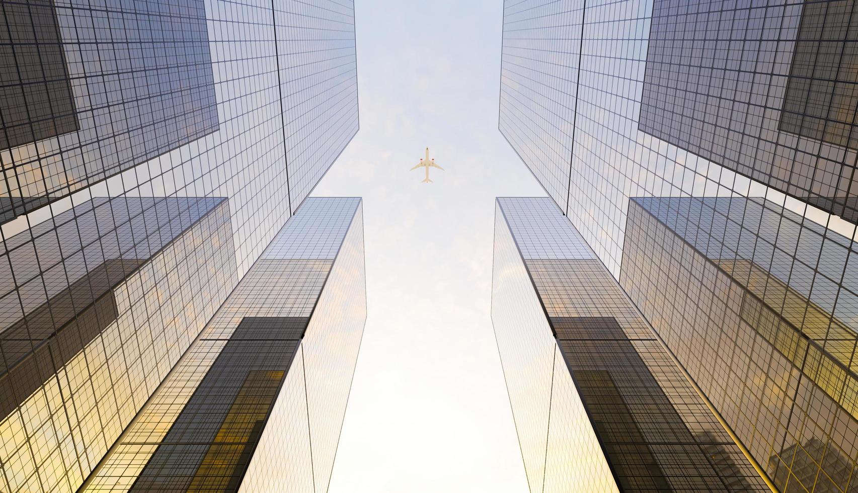 Grandes rascacielos financieros de cristal en la ciudad con un avión que pasa por encima en un cielo despejado, 3D Render foto