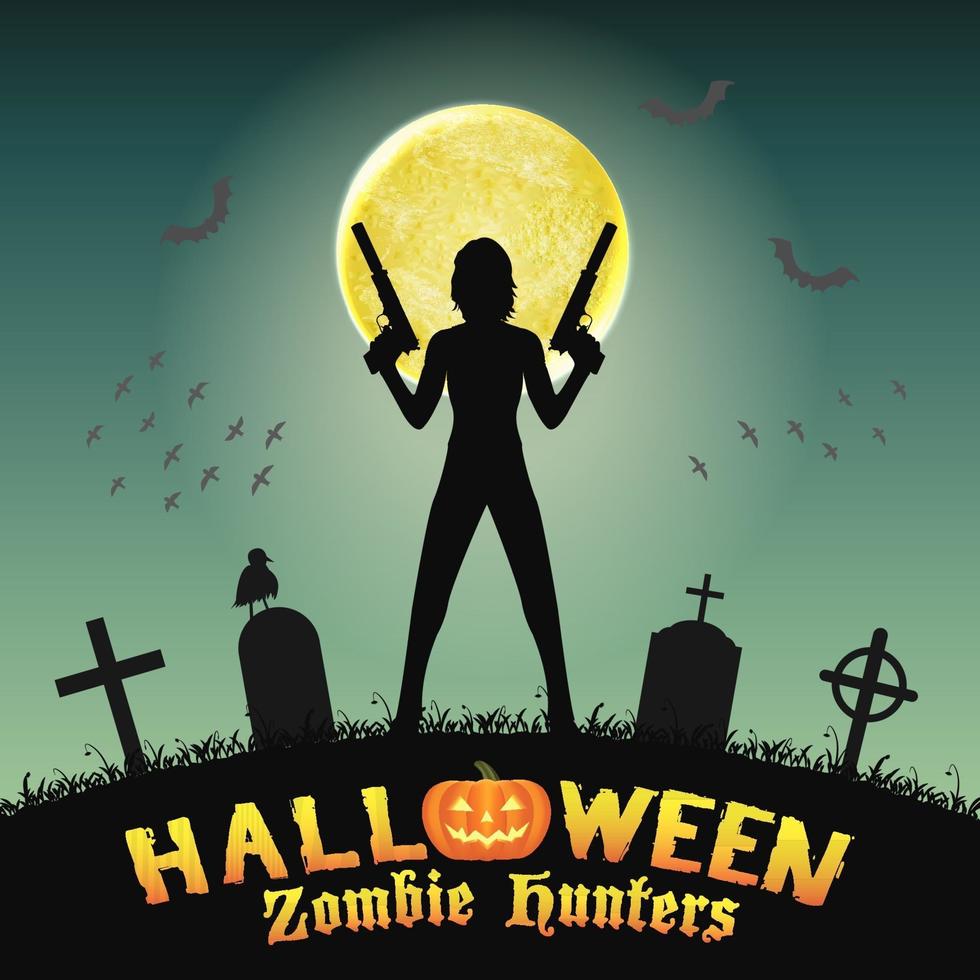 cazador de zombies de halloween con pistola en el cementerio vector