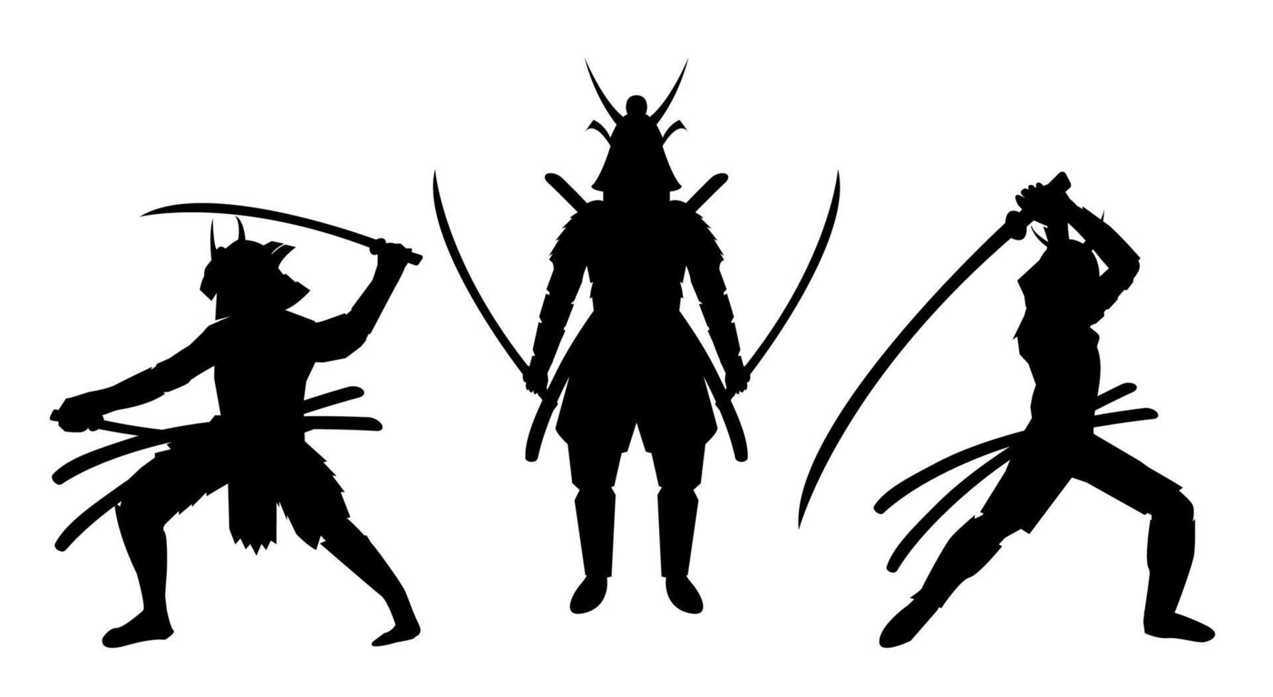 Tres silueta de postura de samurai un fondo blanco. vector