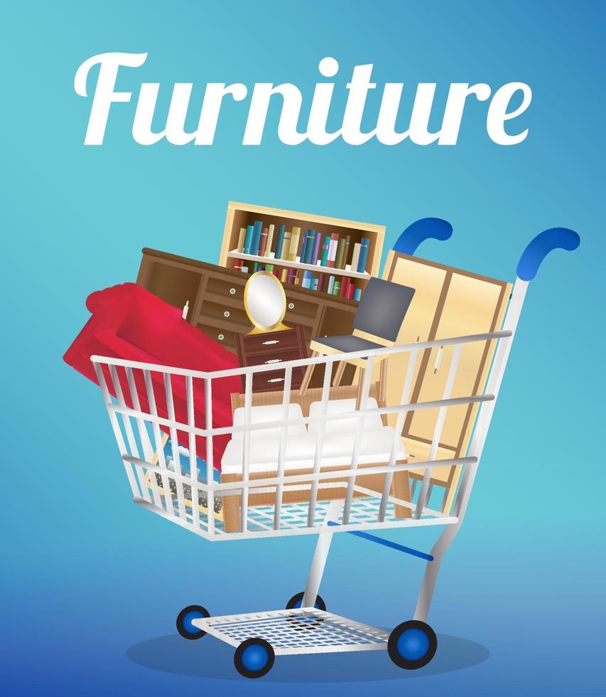 muebles, sofá, estantería, escritorio, silla, armario, y, cama, en, un, carrito de la compra vector