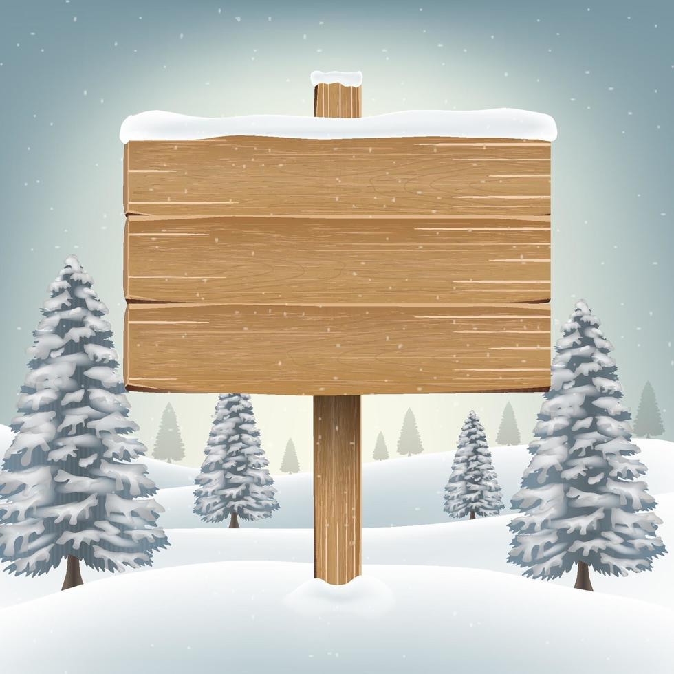 christmas wood board sign with snow winter vector