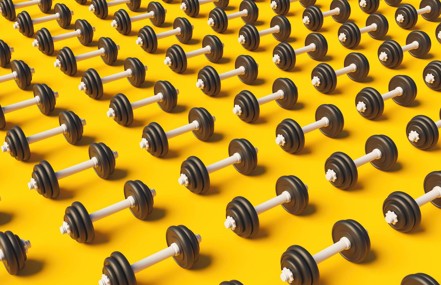 Pattern of dumbbells on yellow background with soft shadow, 3d render photo