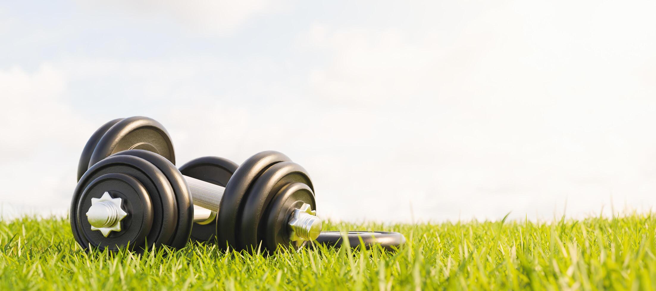 Metal gym dumbbells stacked on grass in a park with sunny sky, 3d render photo