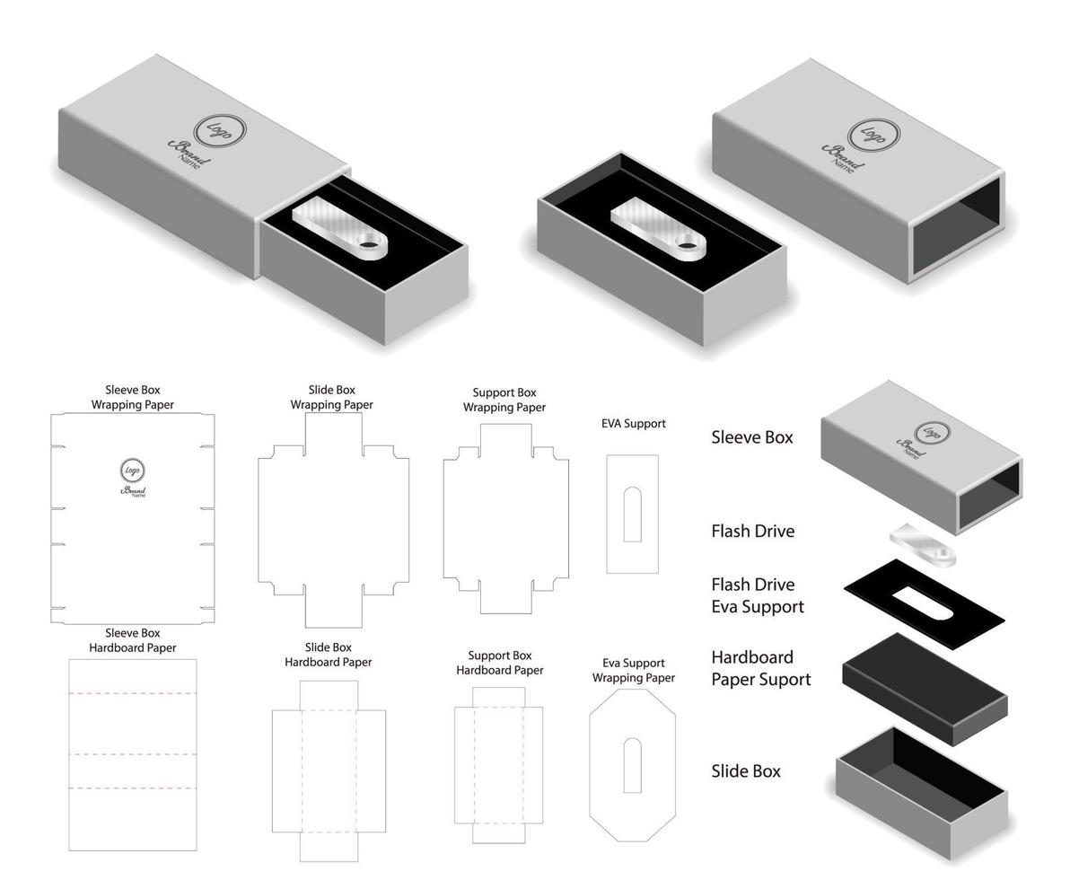 diseño de plantilla troquelada de embalaje de caja. Maqueta 3d vector