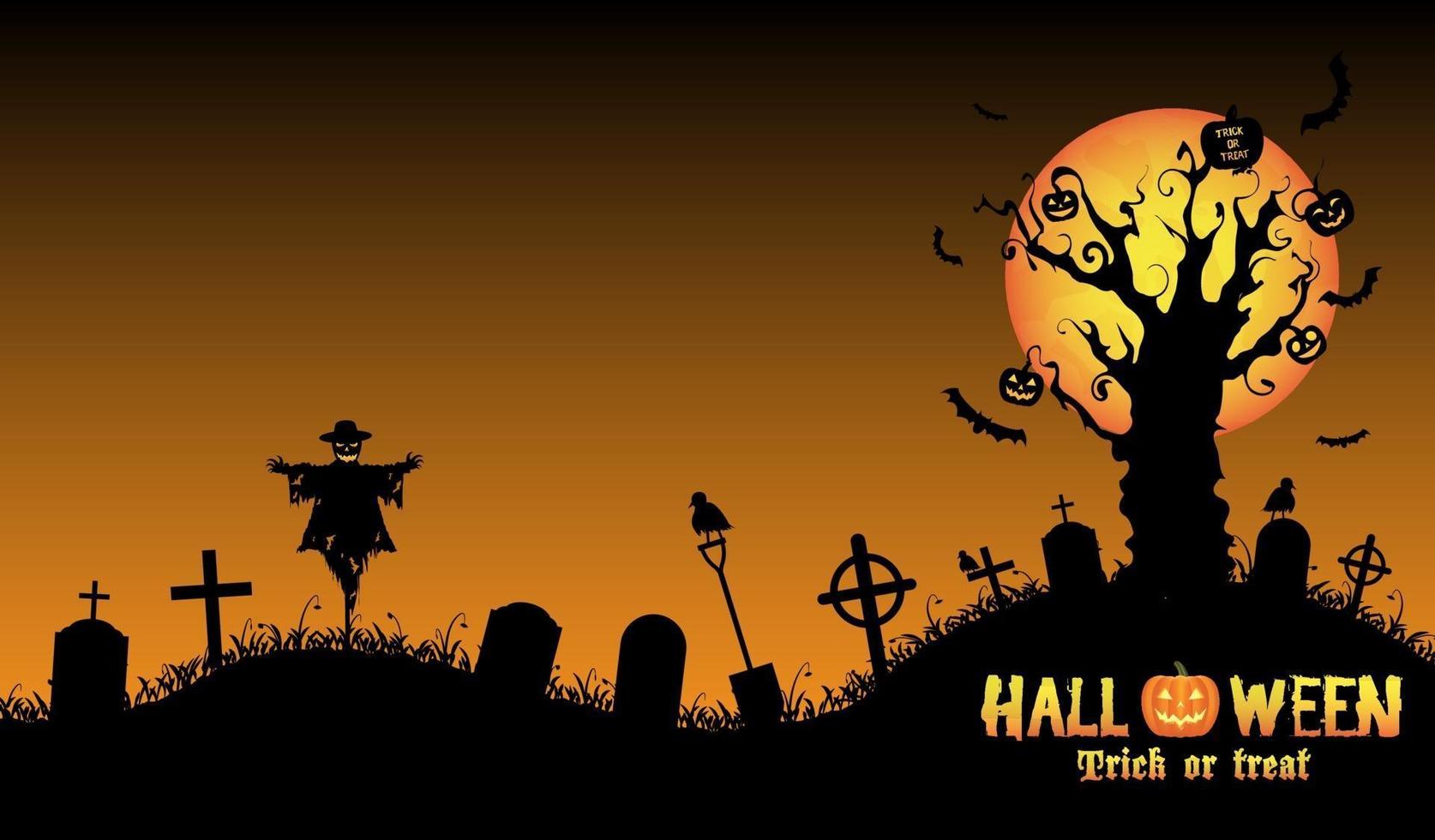 halloween, zombie, mano, en, tumba, con, árbol muerto vector