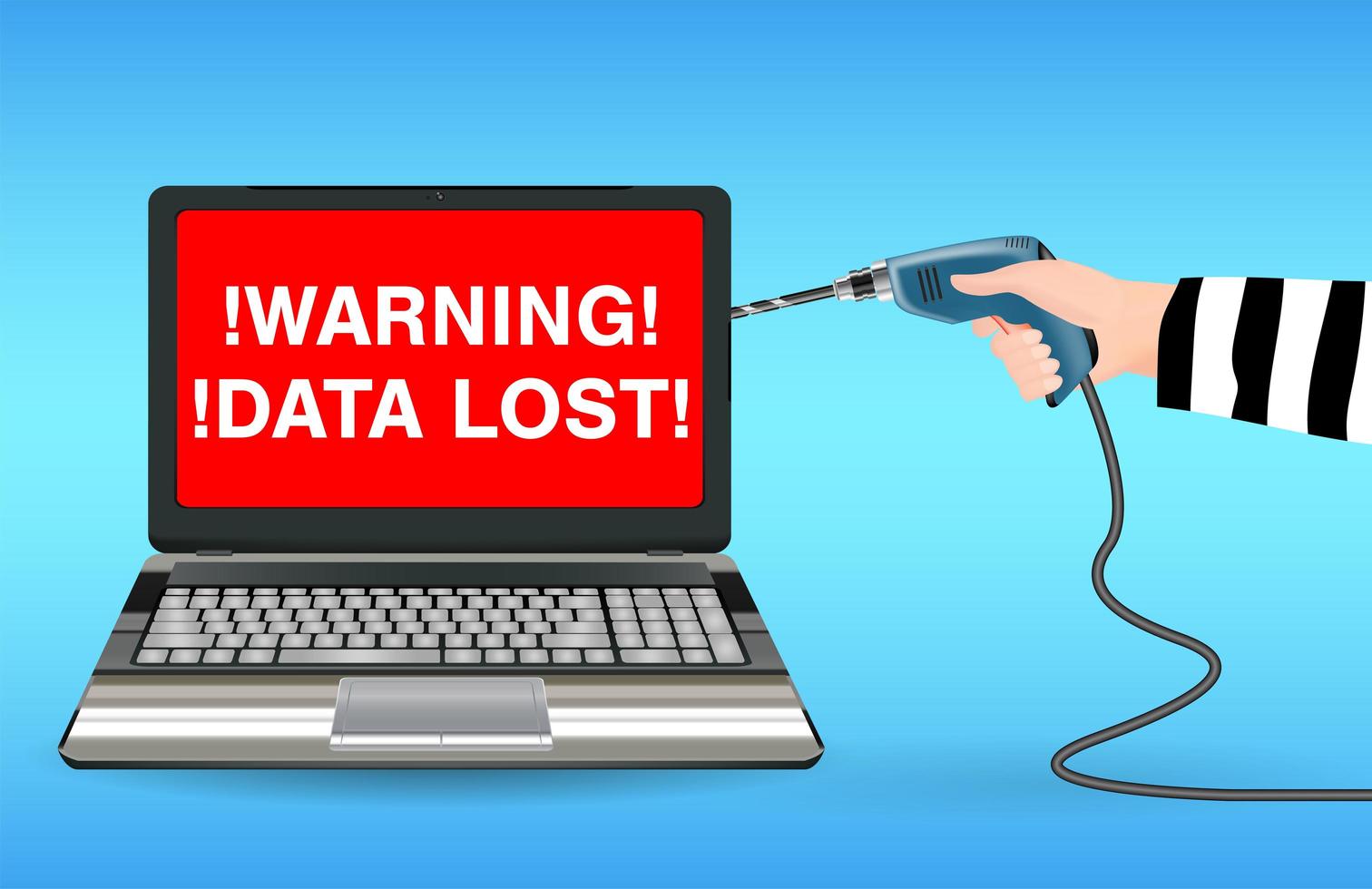 laptop computer hacked by hacker use electric drill vector