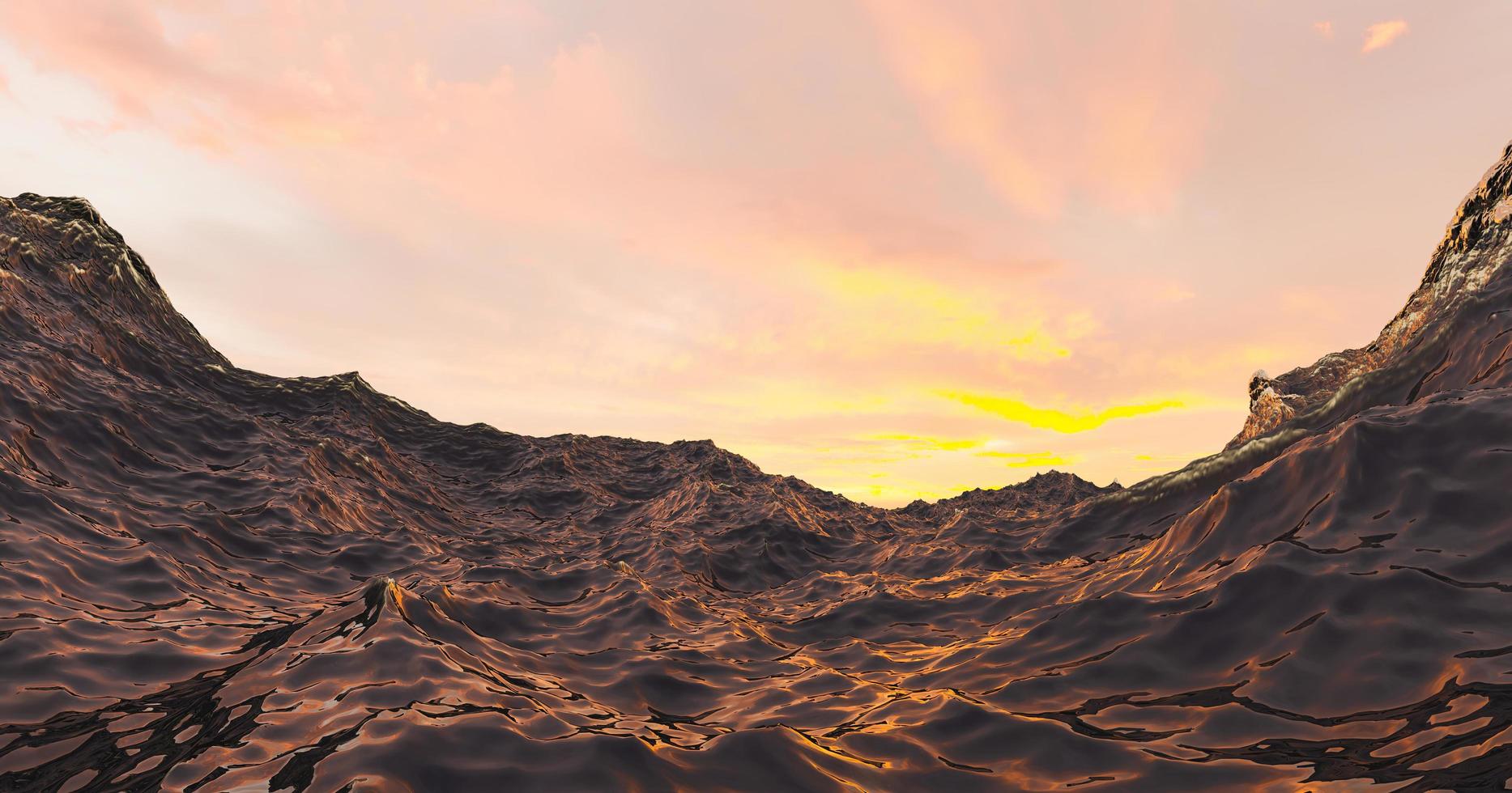 Ilustración 3d de agua de mar con cálida puesta de sol en el fondo foto