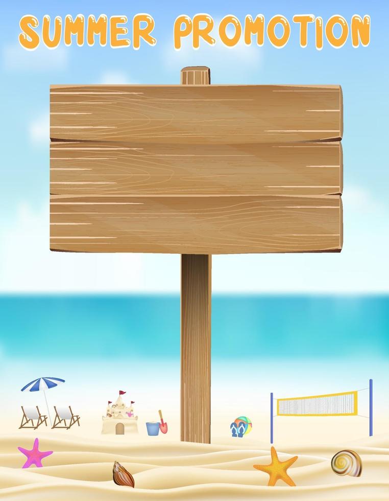 summer promotion wood board on sea sand beach vector